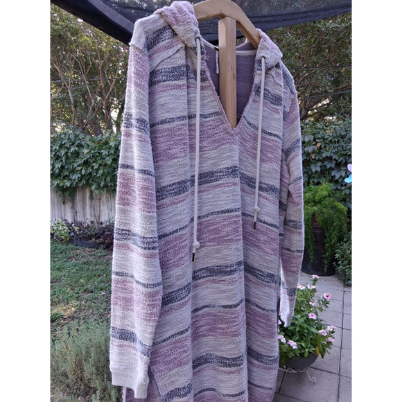 Free People Beach Baby V-neck Hooded Pullover Side Slits Dress Tunic Hoodie L - Picture 5 of 13